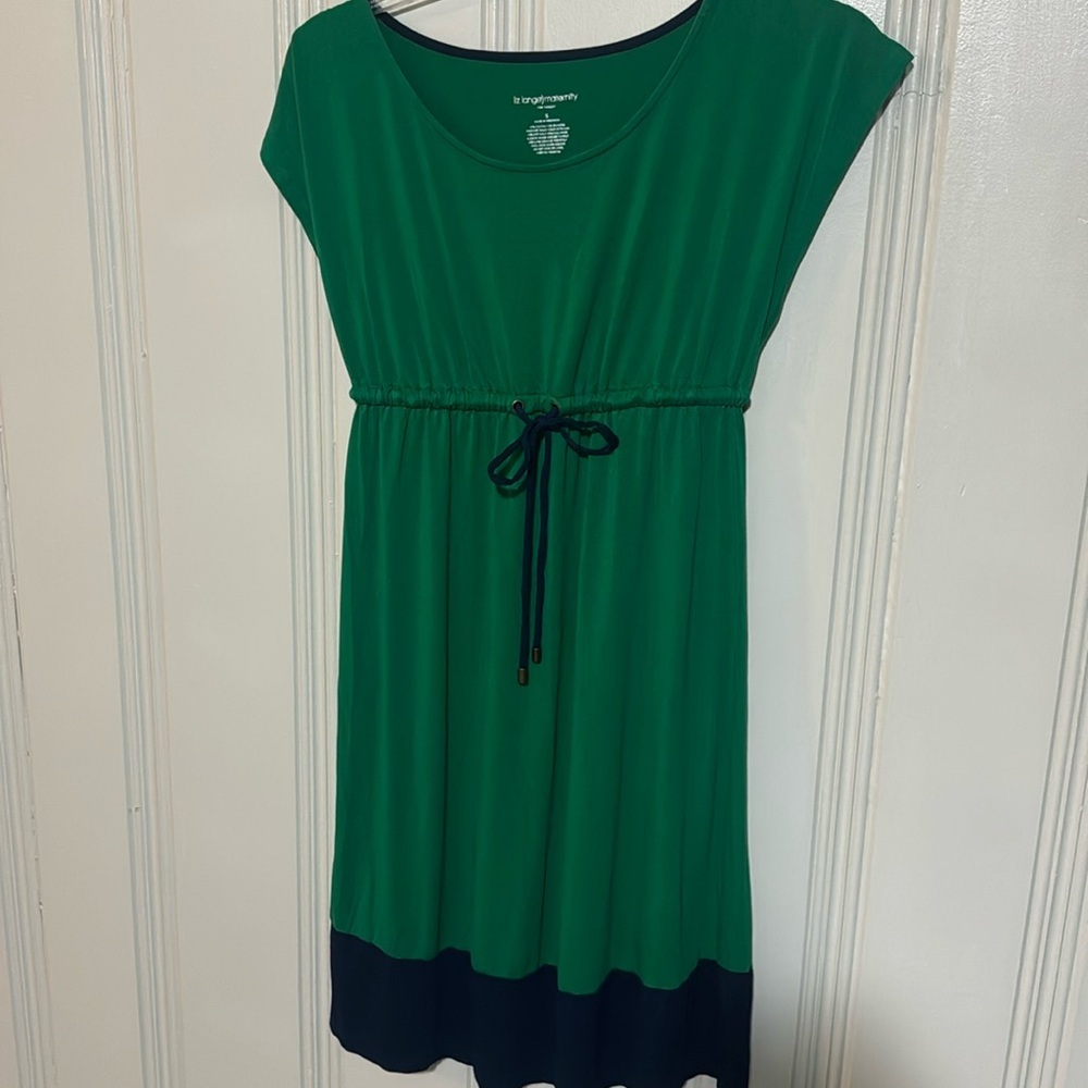 Green & Navy Color Block Maternity Dress w/ Elastic & Drawstring Waist - Small